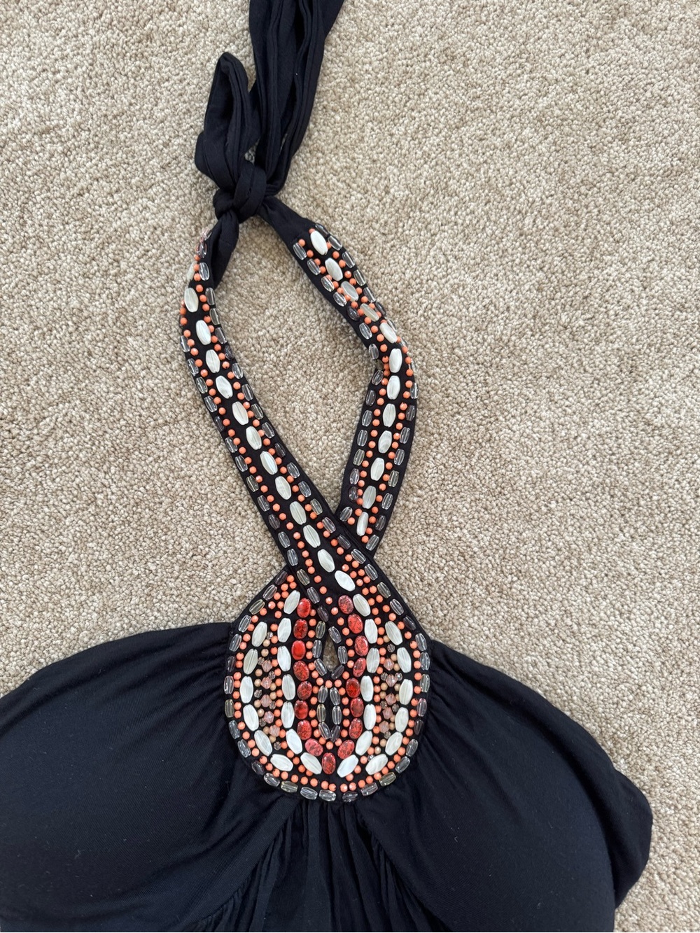 American Rag Black Halter Necklace Top with Coral & Ivory Beading